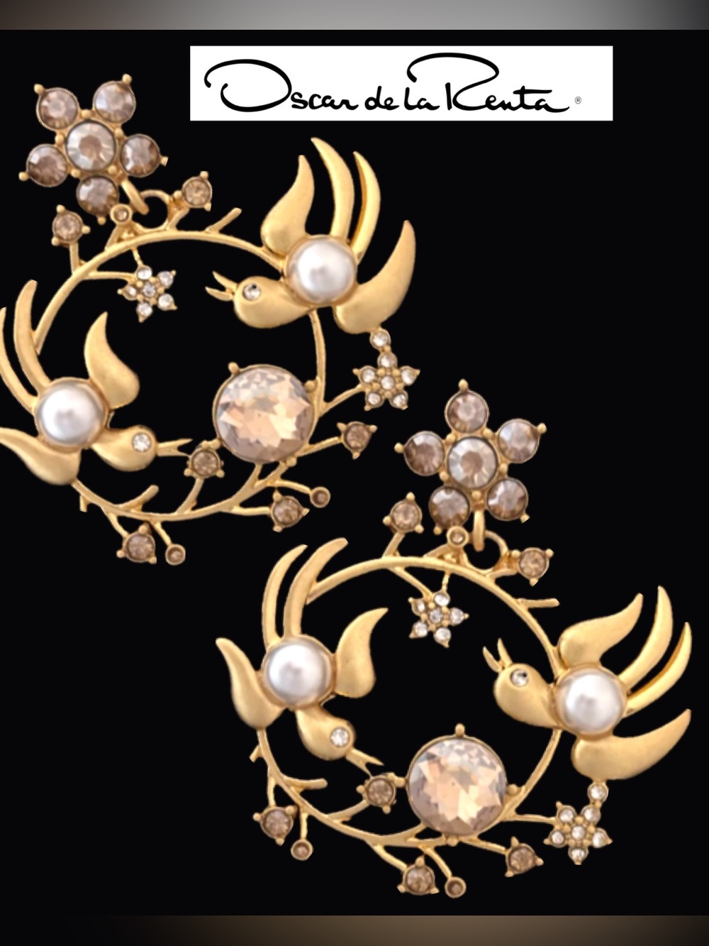 Oscar de la Renta Gold Bird Earrings ✨Crystal Flower / Pearl Hoop / Post ✨SIGNED